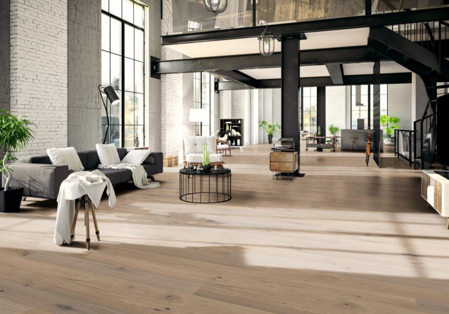 Oak parquet Thede & Witte Boston, rustic knotty, smoked, brushed, white oiled, 1-strip, 1900 x 189 x 14 mm – 2