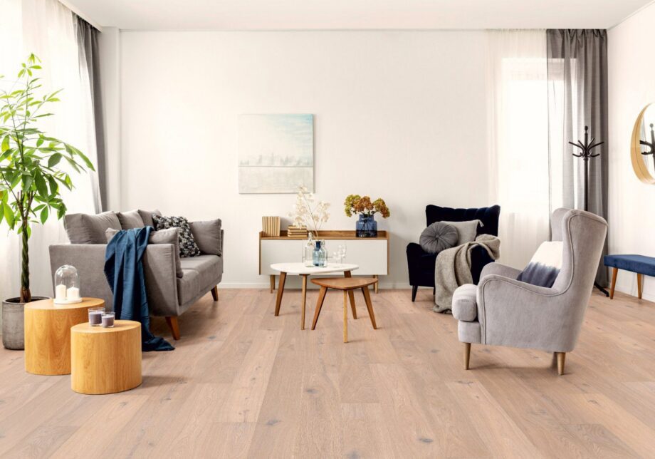 Oak parquet Thede & Witte Boston S, knotty, brushed, white oiled, 1-strip, 1860 x 148 x 10 mm – 2