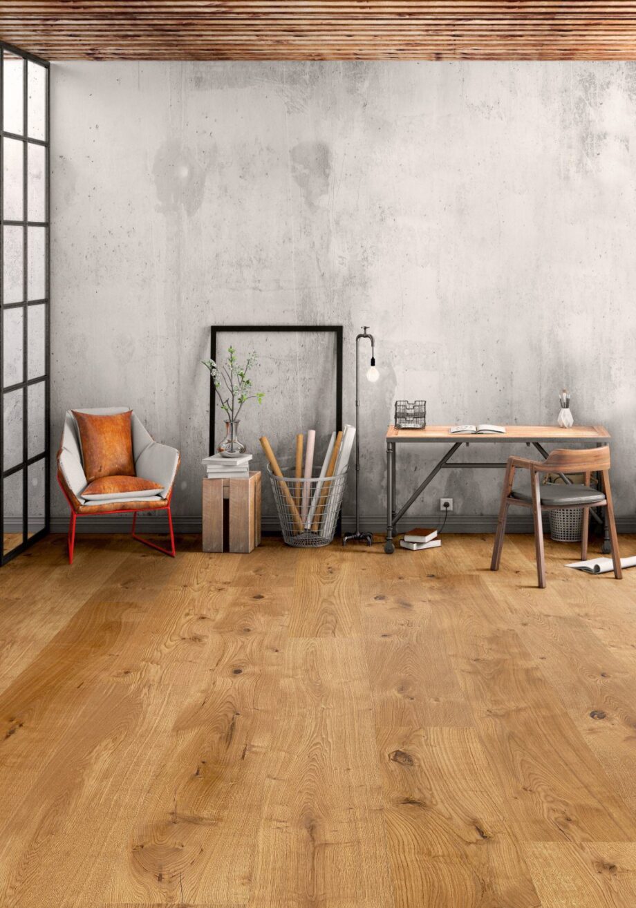 Oak parquet Thede & Witte Boston XL, rustic knotty, brushed, oiled, 1-strip, 2200 x 260 x 15 mm – view 2 Oak parquet Thede & Witte Boston XL, knotty, brushed, oiled, 1-strip, 2200 x 260 x 15 mm – 2