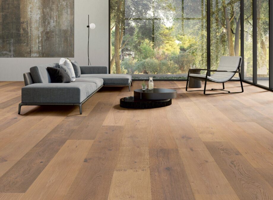 Oak parquet Thede & Witte Boston XL, rustic knotty, brushed, white oiled, 1-strip, 2200 x 260 x 15 mm – 2