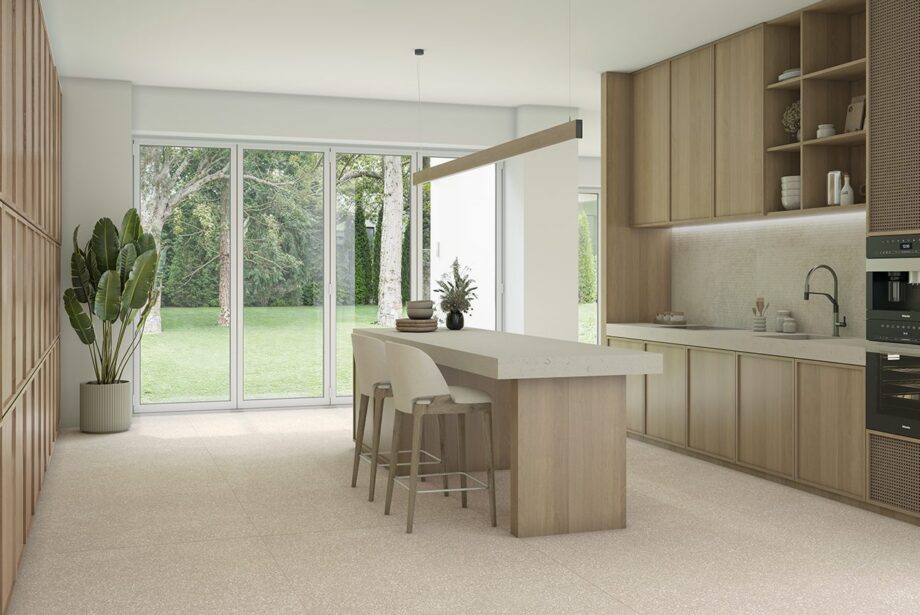 Terrazzo effect matt porcelain floor tile Tau Portobello Sand, sand beige, R10, rectified – view 3 Terrazzo effect matt porcelain floor tile Tau Portobello Sand, 60x120 cm, sand beige, R10, rectified – 3