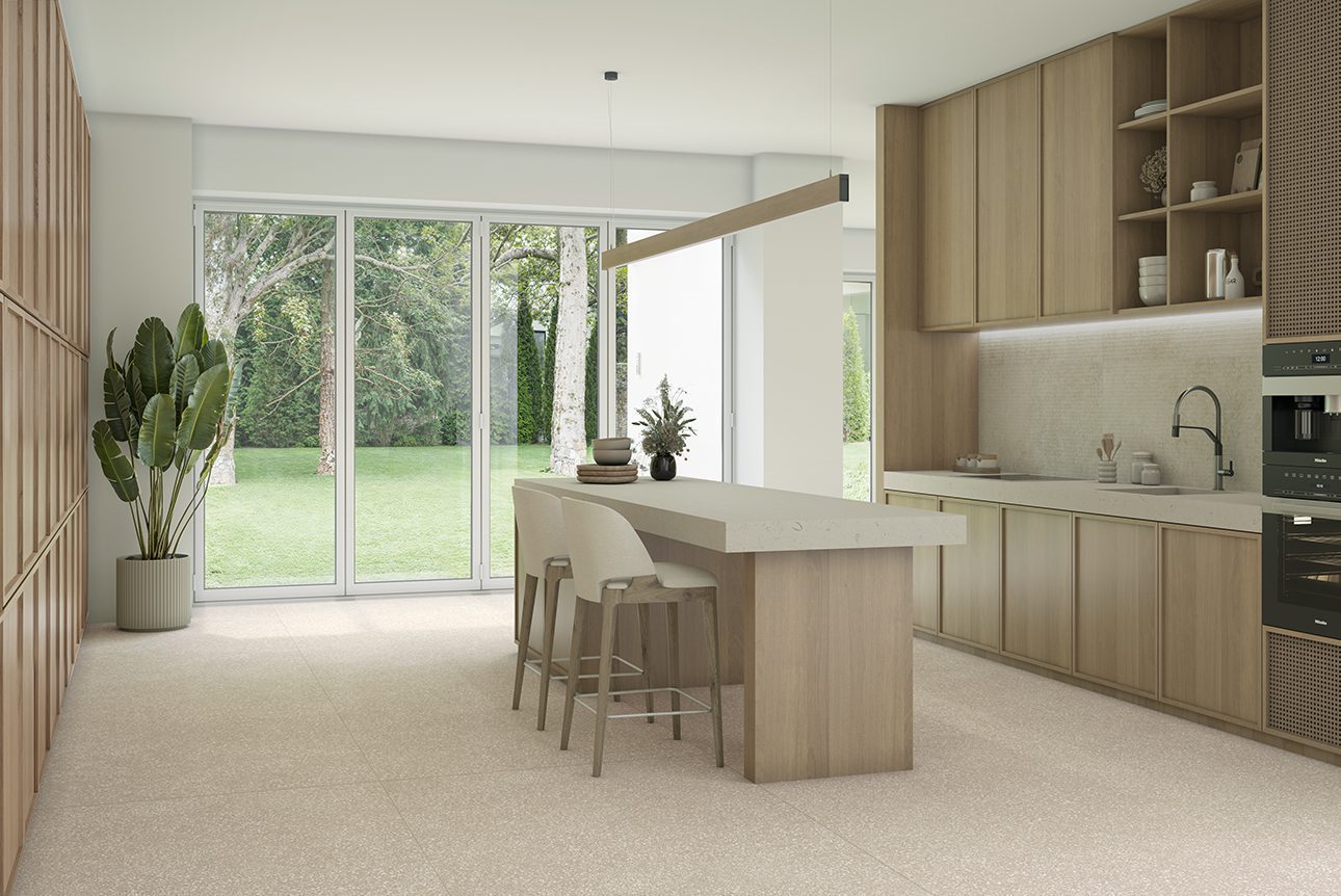Terrazzo effect matt porcelain floor tile Tau Portobello Sand, 60x120 cm, sand beige, R10, rectified – 3