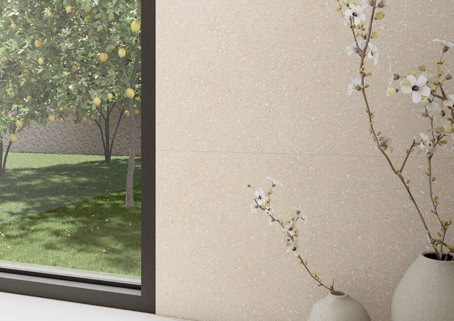 Terrazzo effect matt porcelain floor tile Tau Sassy Cream, cream, R10, rectified – view 2 Terrazzo effect matt porcelain floor tile Tau Sassy Cream, 60x120 cm, 10.5 mm, cream, R10, rectified – 2