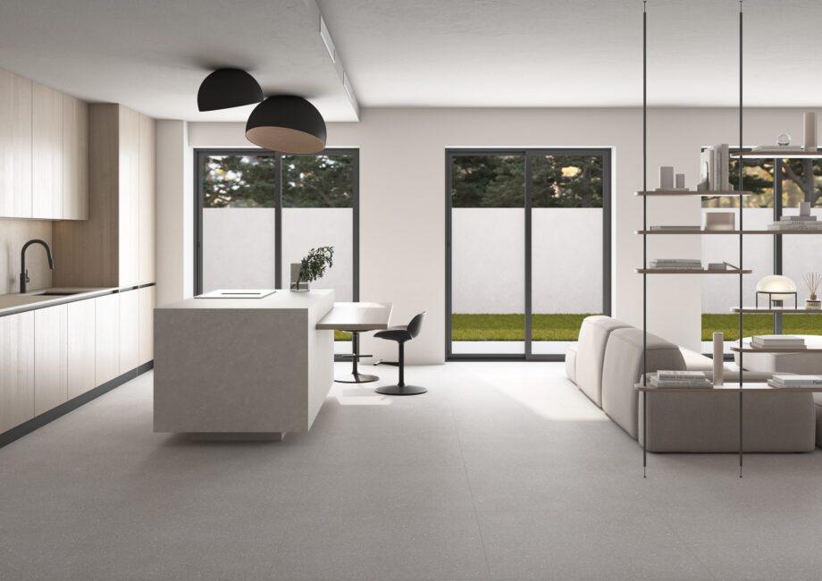 Terrazzo effect matt porcelain floor tile Tau Sassy Silver, silver grey, R10, rectified – view 2 Terrazzo effect matt porcelain floor tile Tau Sassy Silver, 60x120 cm, 10.5 mm, silver grey, R10, rectified – 2